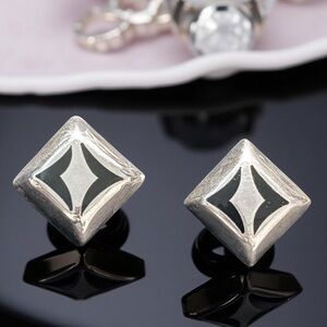 🔥🆕 RARE TAXCO BY ALICIA 950 Silver & Onyx Inlay Oversized Vintage Stud Earrings